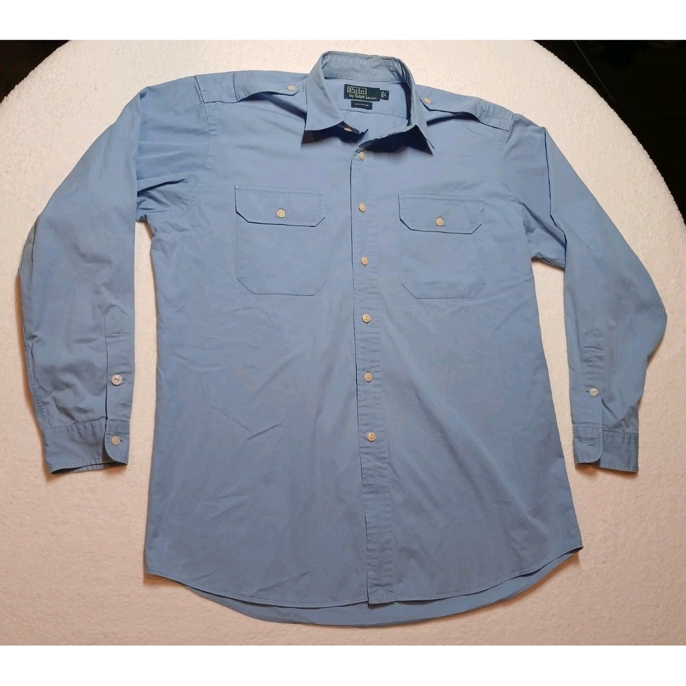 Vintage Ralph Lauren Polo Button Long Sleeve Light Blue Shirt Size L 100% Cotton